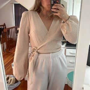 Boutique wrap long sleeve pink and white gingham shirt